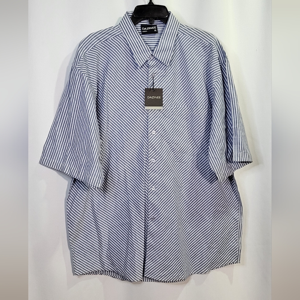 Dazinee Men's Blue Striped Graphic Casual Button-Up Dress Shirt Size XL